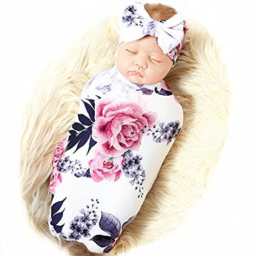 Galabloomer Newborn Swaddle Blanket with Beanie Set Baby Boy Receiving Blanket… (White Blush)