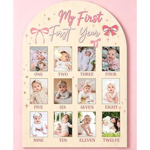 Pink Bow One Year Old Photo Board 12 Month Milestone Photo Frame