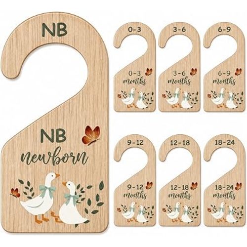 RattanView 7 Pcs Retro Goose Baby Closet Dividers for Clothes Organizer Double Sided Wooden Nursery Closet Dividers for Baby Boy Girl Newborn to 24 Months Home Nursery Supplies