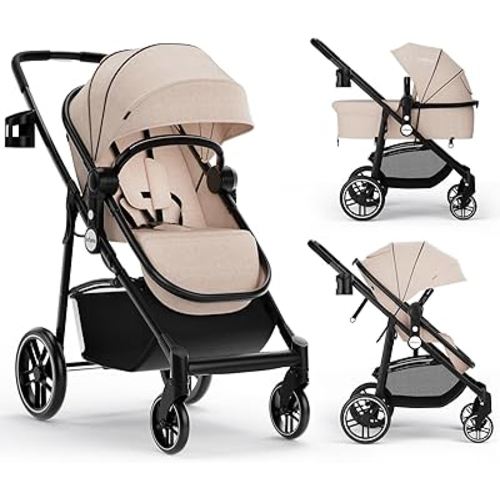 INFANS 2 in 1 Baby Stroller, High Landscape Infant Stroller & Reversible Bassinet Pram, Foldable Pushchair with Adjustable Canopy, Cup Holder, Storage Basket, Suspension Wheels (Khaki)