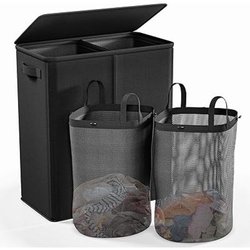 Raybee Laundry Basket with Lid,154L Clothes Hamper for Laundry Hamper 2 Section,Laundry Basket with Lid Collapsible Laundry Hamper with 2 Removable Washing Bags, Clothes Hamper (Black, 154L)