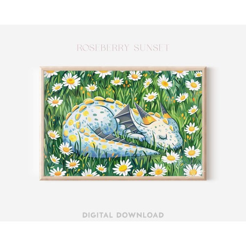 Sleepy Baby Dragon Daisy Wildflower Painting Art Print | Floral Cute Dragon Children&#39;s Fairytale Nursery Printable Art JPG Digital Download