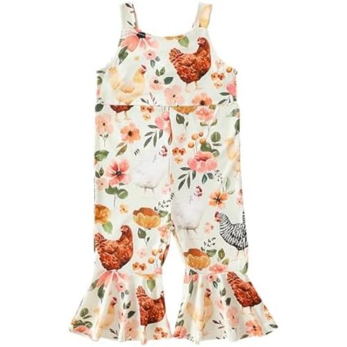 Toddler Baby Girl Farm Outfit Floral Chickens Jumpsuit Bell Bottoms Romper Flare Pants Overalls Summer Clothes