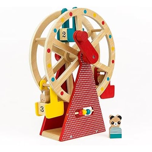 Petit Collage Ferris Wheel Carnival Wooden Toy, 2 Animal Characters Included – Pre-Assembled Wooden Ferris Wheel Toy with Sturdy Wood Construction, Non-Toxic and Safe for Kids, Ideal for Ages 3+