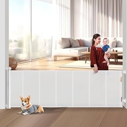 Upgrade 120 inch Retractable Baby Gates Extra Wide with Reinforced Strip Design to Prevent Crawling Through, 10 Foot Retractable Dog Gate, 34" Tall, Retractable Gate for Indoor/Outdoor(White)