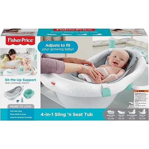Fisher-Price 4-in-1 Sling 'n Seat Tub, Bubbles, Convertible Baby to Toddler Bath Tub with Seat and Toys