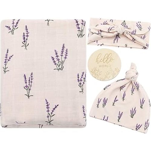 LifeTree Muslin Swaddle Blankets, Muslin Baby Boy Swaddle Blanket, Headband and Hat Set with Birth Announcement Card, Newborn Unisex Receiving Organic Cotton Blankets, Lavender Pattern