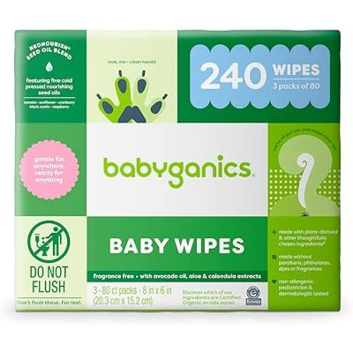 Babyganics Baby Wipes, Unscented Diaper Wipes, 240 Count, (3 Packs of 80), Non-Allergenic and formulated with Plant Derived Ingredients
