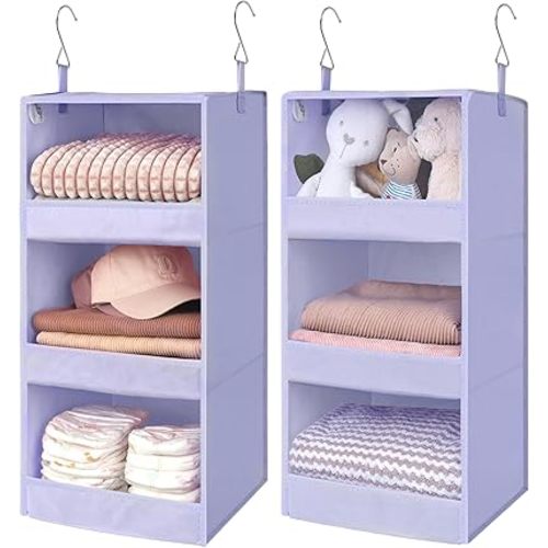 GRANNY SAYS 3 Shelf Hanging Closet Organizers and Storage, Collapsible Closet Storage Organizer with 2 Metal Hooks, Leak-Proof Hanging Shelves for Closet, Dorm Room, Nursery, 2 Pack, Purple
