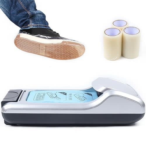 Automatic Shoe Film Dispenser with 3 Roll Shoe Film Shoe Wrapping Machine Shoe Cover Protect Floor for Home, Office, Supermarket, Factory Portable Machine Fits All Size (Silver)