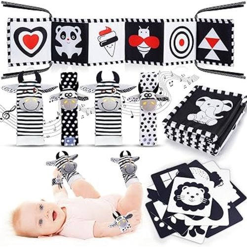 Baby Toys 0 3 6 12 Months, Notique Black and White Baby Toys Newborn Essentials with Wrist Rattle Socks Foot Finder Baby Stuff Sensory Book Tummy Time Toys High Contrast Flash Cards Infant Baby Gifts