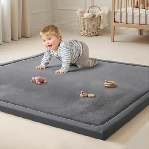 Goyuu Soft Baby Play Mat for Floor, 50x50 Playpen Mat Elasti-Foam Padded 1.3" Thick Crawling Nursery Mat, Non-Slip Backing for Toddlers Infant, Water-Repellent Coral Velvet Tummy Time Mat