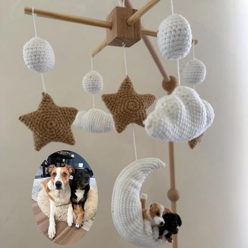 Custom Dog Cat On The Moon Baby Mobile, Crochet Baby Mobile, Nursery Mobile, Baby Shower Gift, New Mom Gift, Custom Pet Mobile