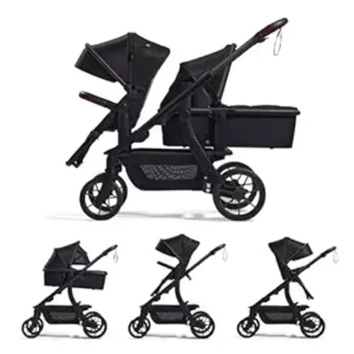 Momcozy ChangeGo Baby Stroller, Convertible Single-to-Double-to-Wagon Stroller with 23 Configurations, Bassinet, Seat Included, Large PU Wheels, All-Wheel Suspension ＆ Extendable UPF50+ Canopy
