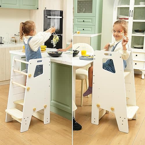 GroowingMind® Toddler Tower with Seat – 2-in-1 Montessori Standing Tower & Toddler Step Stool | Adjustable, Safe & Loved by Parents