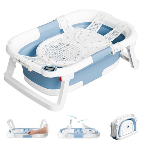TUMAJUP Collapsible Baby Bathtub for Infants and Toddlers with Bath Net and Thermometer-Pale Blue
