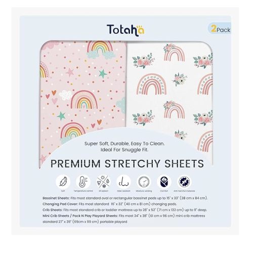 TotAha Pink Rainbow Crib Sheets Girl - Hypoallergenic, Silky Comfort, Buttery Soft, Calming Effect, All-Season Premium Stretchy Jersey-Knit Sheets, 9'' Extra Deep Pocket-2 Pack