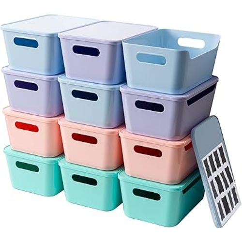Tiawudi 12 Pack 4.5L Storage Bins with Lids, Plastic Storage Baskets for Home Classroom Organization, Multi-Use Organizer Bins for Cabinet, Pantry, Drawer, Countertop or Shelves, Colorful Containers