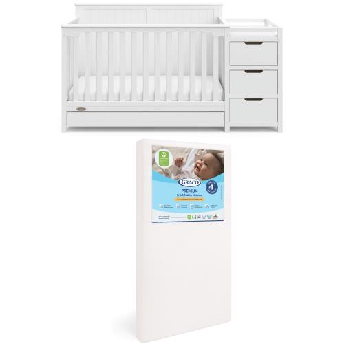 Graco Hadley 5-in-1 Convertible Crib and Changer and Premium Crib & Toddler Mattress Bundle, White