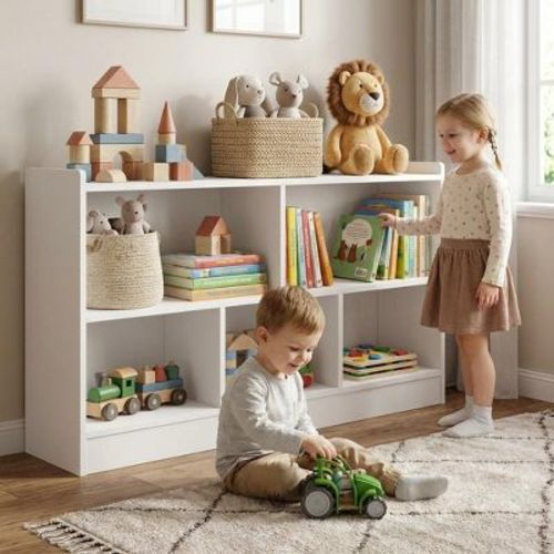 Wooden Kids 5-Section 2-Tier Open Storage Shelf, Solid Wood Bookcase Organizer with Anti-Tipping Design for Playroom Bedroom Nursery