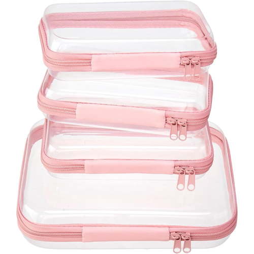 HXRT 4 Pcs Clear Zipper Pouches, Hard Shell Zipper Case, Toiletry Bag for Travel, Clear Travel Organizer, Cosmetic Bag, Sundries Storage Bins (3M+1L)