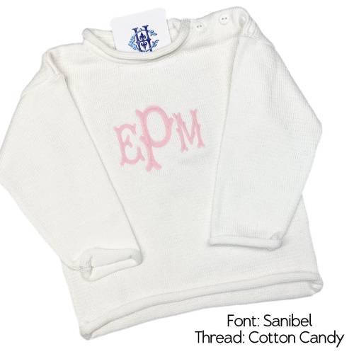 Rollneck Sweater with Button Shoulder and Monogram - Sizes 6m-5T - Child's Sweater - Baby Sweater