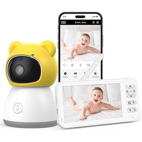5"Baby Monitor wifi Smartphone, Baby Monitor with Camera and 2-Way Audio, 2K HD Screen, Video Baby Monitors with Infrared Night Vision, Temp & Humidity Sensor, Cry Detection, Ideal Present