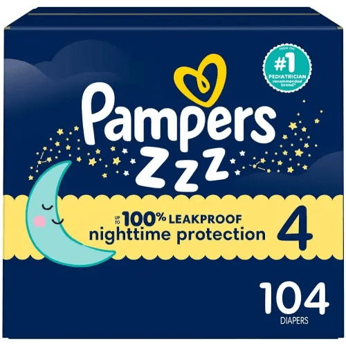 Pampers ZZZ Overnight Diapers, Size 4 (22-37 lbs), 104 Count, Nighttime Protection Disposable Baby Diaper, Night Time Leak and Skin Protection