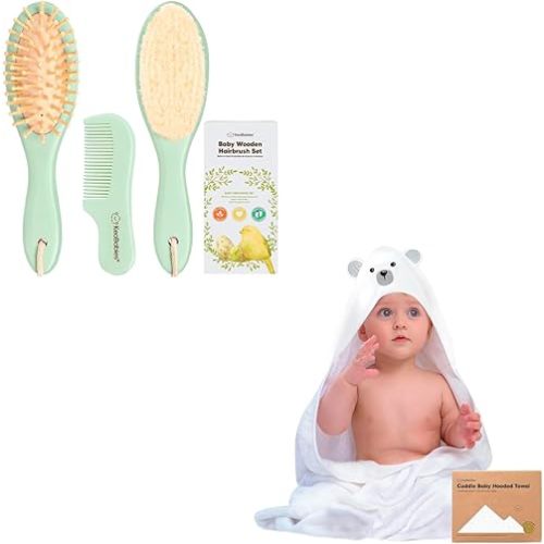 KeaBabies Baby Hair Brush and Baby Comb Set and KeaBabies Baby Hooded Towel - Wooden Baby Brush with Soft Goat Bristle, Bamboo Viscose Baby Towel