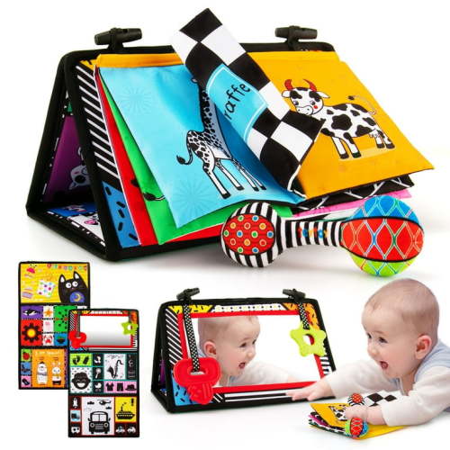 Baby Tummy Time Mirror Toys with Crinkle Book & Rattle, Newborn Baby Books Toy 0-6 months, Montessori Sensory Brain Development Toys for Baby, Perfect for Infants Baby Shower Gifts
