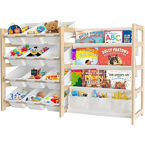 Toy Storage Organizer with Bookshelf - 12 Storage Bins 4-Tier Multipurpose Shelf to Organize Toys and Books for Kids Room, Playroom, Nursery Room, White