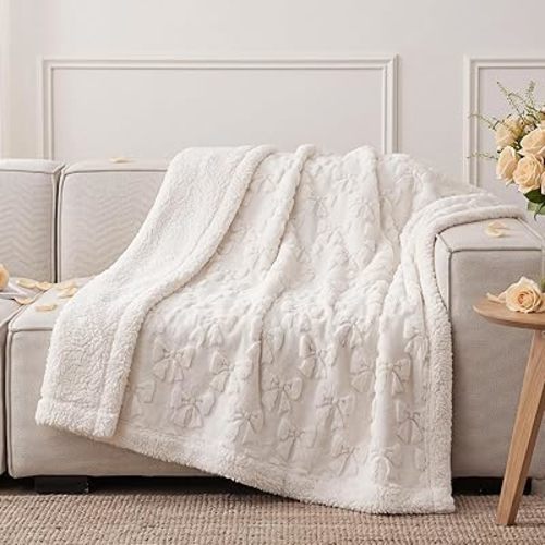 Breling White Bow Sherpa Throw Blanket 50"x 60" Coquette Plush Thick Warm Soft Cute Blanket for Bed Sofa Couch Aesthetic Preppy Bedding Stuff Room Decor Gifts for Fall Thanksgiving Christmas