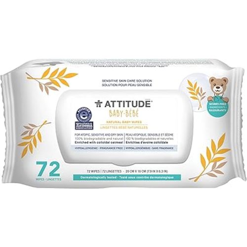 ATTITUDE Baby Wipes, Enriched with Oatmeal, Diaper Wipes for Babies and Newborn, Sensitive and Dry Skin, Dermatologically Tested, Vegan, Unscented, 72 Count