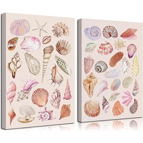 2Pcs Trendy Seashell Canvas Wall Art Watercolor coral shell conch Wall Decor Pictures Preppy Coastal Posters Prints for Teen Girls Dormitory Apartments Home Decorate Prepare to hang