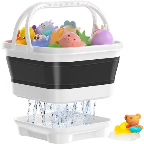 Foldable-Bath-Toy-Storage-Organizer - Bath Toy Holder with Removable Base, Quick-Drain-Drying Bathtub Toy Storage, Basket Bathroom Shower Toys Holder for Kids (Black)