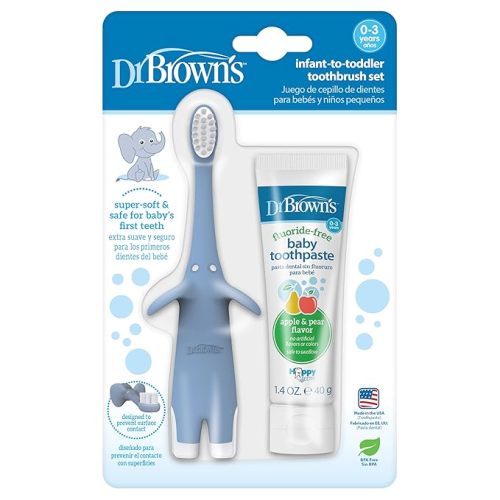 Dr. Brown's Infant-to-Toddler Training Toothbrush Set, Blue Elephant with Fluoride-Free Apple Pear Baby Toothpaste, 0-3 years