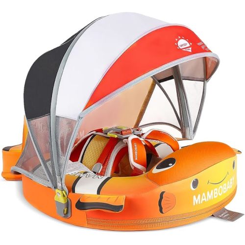 Mambobaby Baby Pool Float with Canopy, Non-Inflatable Infant Swim Float with Safe Seat and Tail Support for 3-24 Months, UPF 50+ Sun Protection