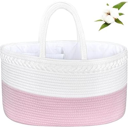 ABenkle X-Large Diaper Caddy Organizer, Cotton Rope Nursery Baby Basket, Changing Table Organizer for Baby Diaper Storage, Diaper Nursery Storage Bin for Baby Stuff, Baby Shower Gifts for Girls, Pink