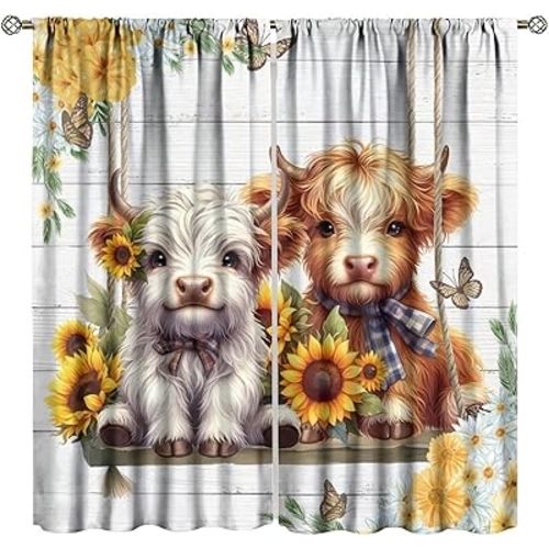 Rural Cattle Curtains, Vintage Funny Highland Cow Wooden Swing Plank Boho Sunflower Floral Butterfly Pattern Window Treatments, Blackout Rod Pocket Drapes For Living Room Bedroom Bathroom 52x84in