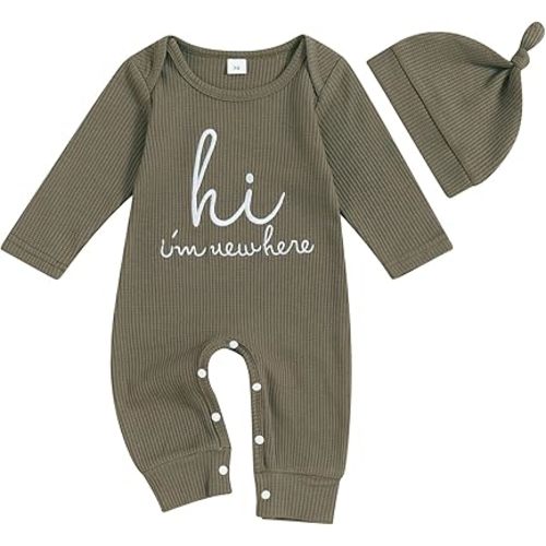 FIOMVA Im New Here Newborn Outfit Boy Long Sleeve Letter Romper Ribbed Knit Jumpsuit Baby Boy Preemie Coming Home Outfit