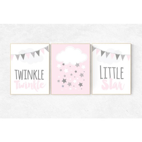 Nursery decor girl pink and gray, twinkle twinkle little star, , girls room decor, cloud and star nursery, pink and silver, pink nursery