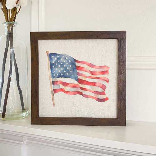 Watercolor American Flag - Framed Sign, Home Decor, Farmhouse Decor, Kitchen Decor, Patriotic Decor, Americana Decor, 9" x 9" Wood Frame