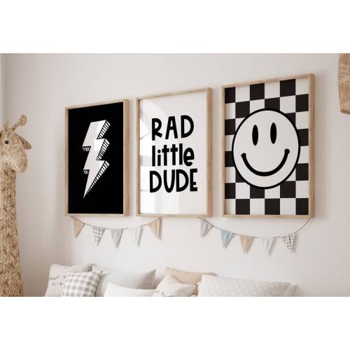 Rad little dud , Black White Nursery, Checkered Smiley Poster, Baby Boys Kids Room Decor, Toddler Poster,boys prints, boy shared room, retro