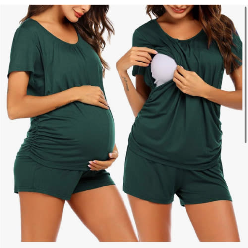 Ekouaer Women's Maternity Nursing Pajamas Set Breastfeeding Sleepwear Double Layer Short Sleeve Top & Shorts Pregnancy PJS