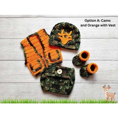 Newborn Camo Hunting Outfit, Deer Hunter Outfit, Baby Photo Prop, Woodland Nursery, Baby Hunting Gift, Hunting Hat, Diaper Cover and Vest