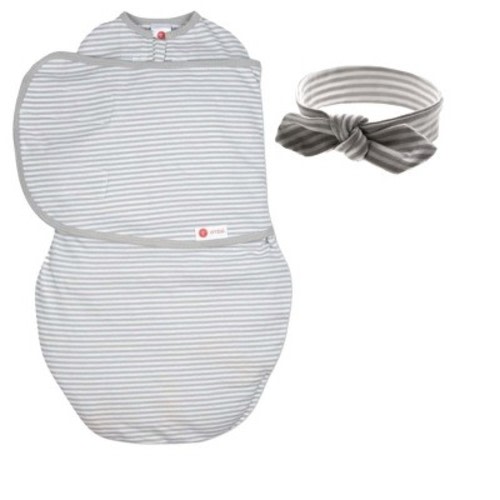 embe Newborn Swaddle Wrap and Bow Headband Set (0-3 months), Color: Grey stripes