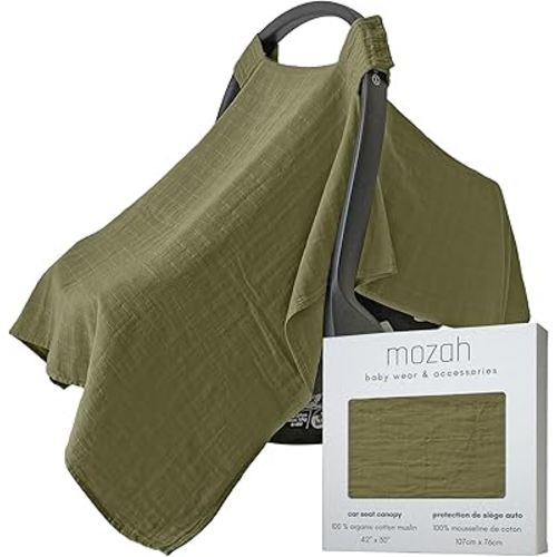 100% Organic Muslin Baby Car Seat Cover Muslin Carseat Canopy Baby Car Seat Covers for Boys (Olive Green)