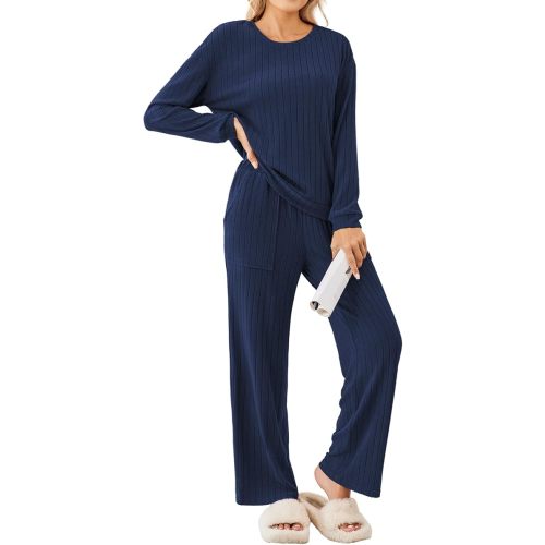 Ekouaer Lounge Sets for Women Ribbed Knit Pajama Sets 2 Piece Long Sleeve Pjs Soft Loungewear Outfits with Pockets- Large