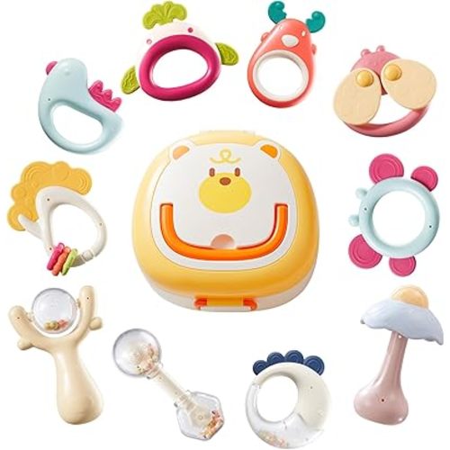 Baby Rattles & Teethers Toys 10-Piece Set, Sensory Toys for 0-12 Months Newborn Infants，Developmental Baby Shower Gift with Gift Box for Boys and Girls(BPA Free)