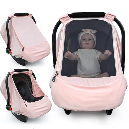 Baby Car Seat Cover,Sunproof Car Seat Canopy for Babies, Extra Large Mesh Window Baby Car Seat Sun Shade Cover, Infant Carseat Covers for Summer/Autumn Use(Pink)